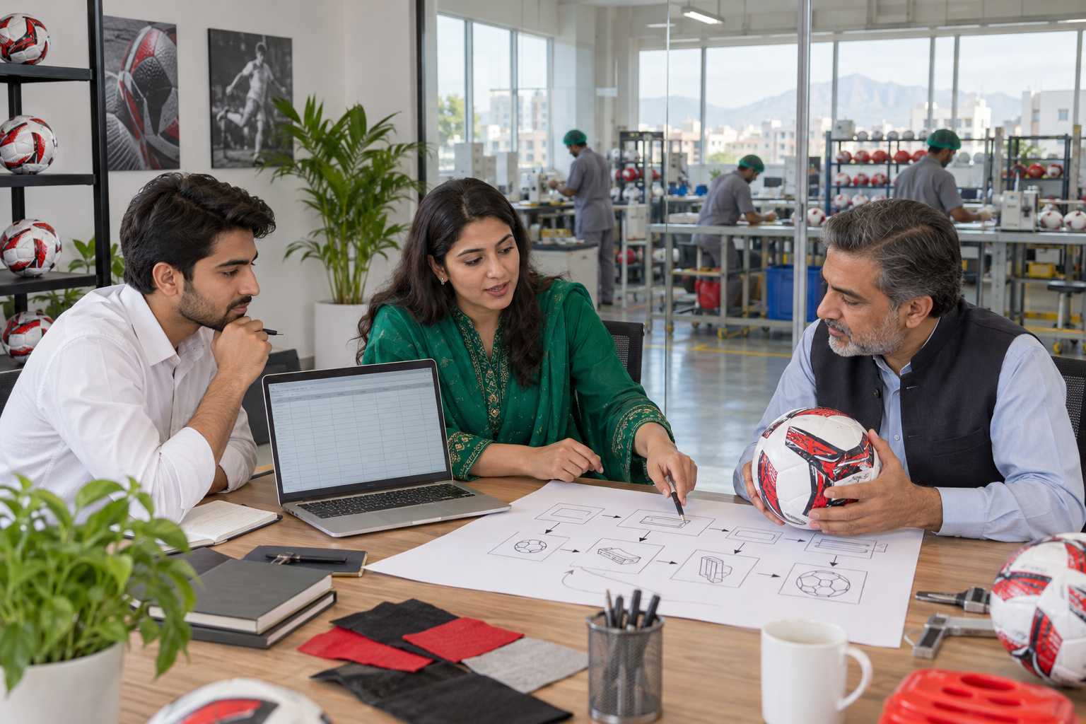 Illustrative Pakistani manufacturing team planning an inventory workflow.