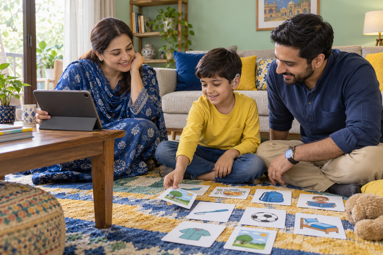 Illustrative Pakistani family learning together with picture cards; a child wears a hearing aid.