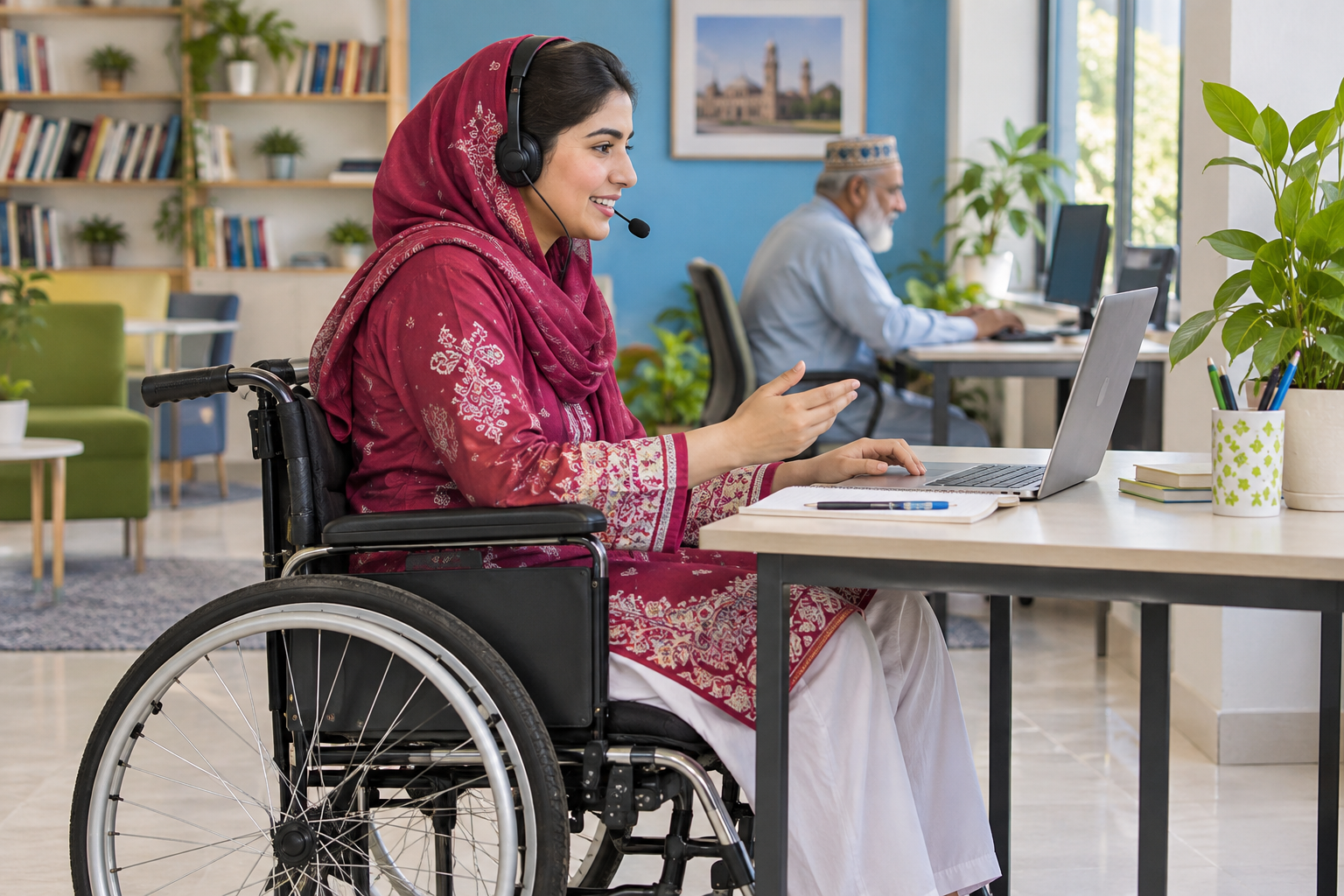 Illustrative Pakistani wheelchair user practicing English at an accessible desk.