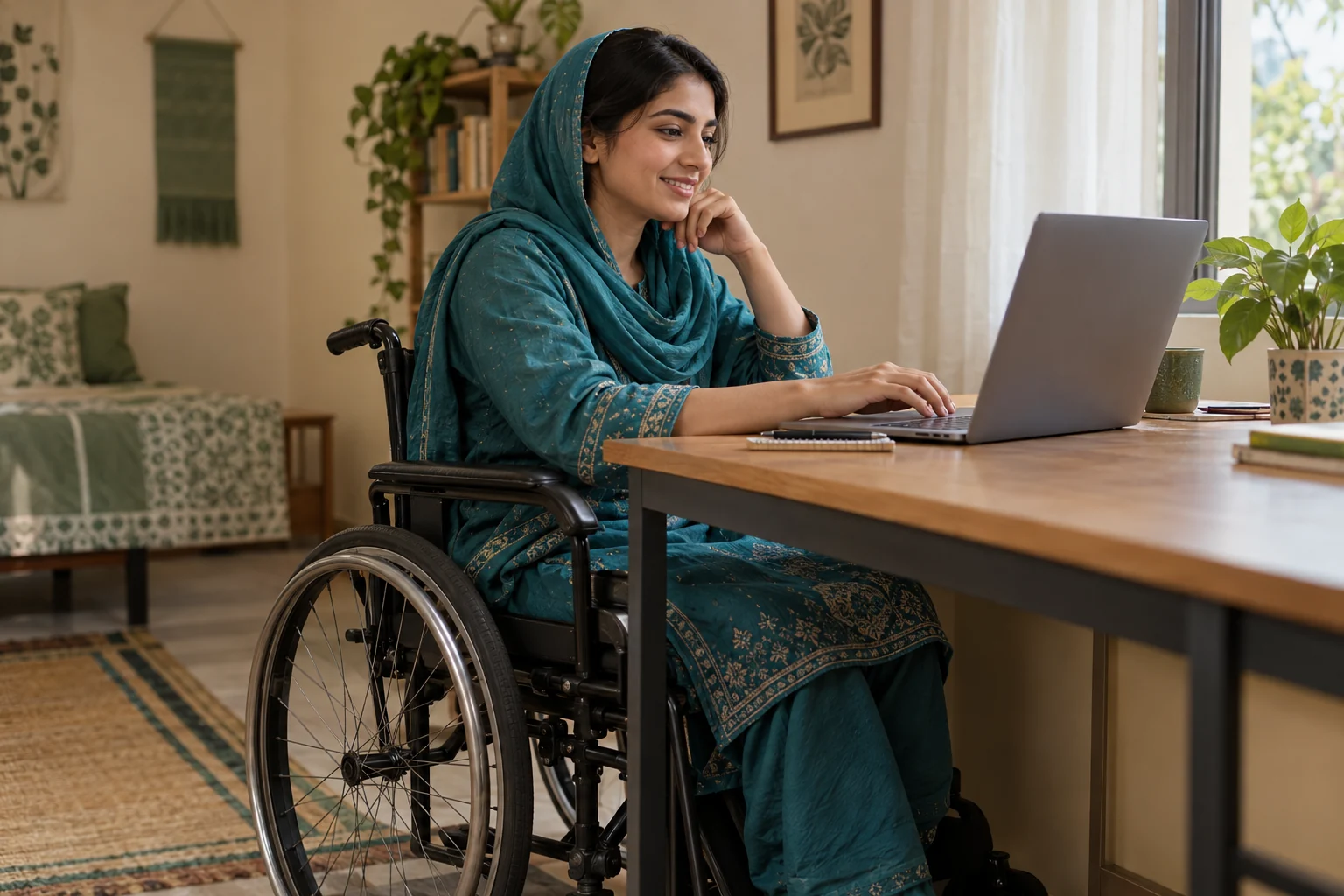 Illustrative scene of a Pakistani woman using a wheelchair and studying independently on a laptop at home