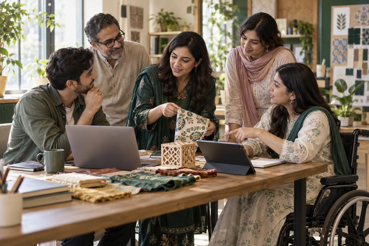 Illustrative Pakistani learning group exchanging ideas around creative samples, a laptop and a tablet; a wheelchair user contributes alongside her peers.