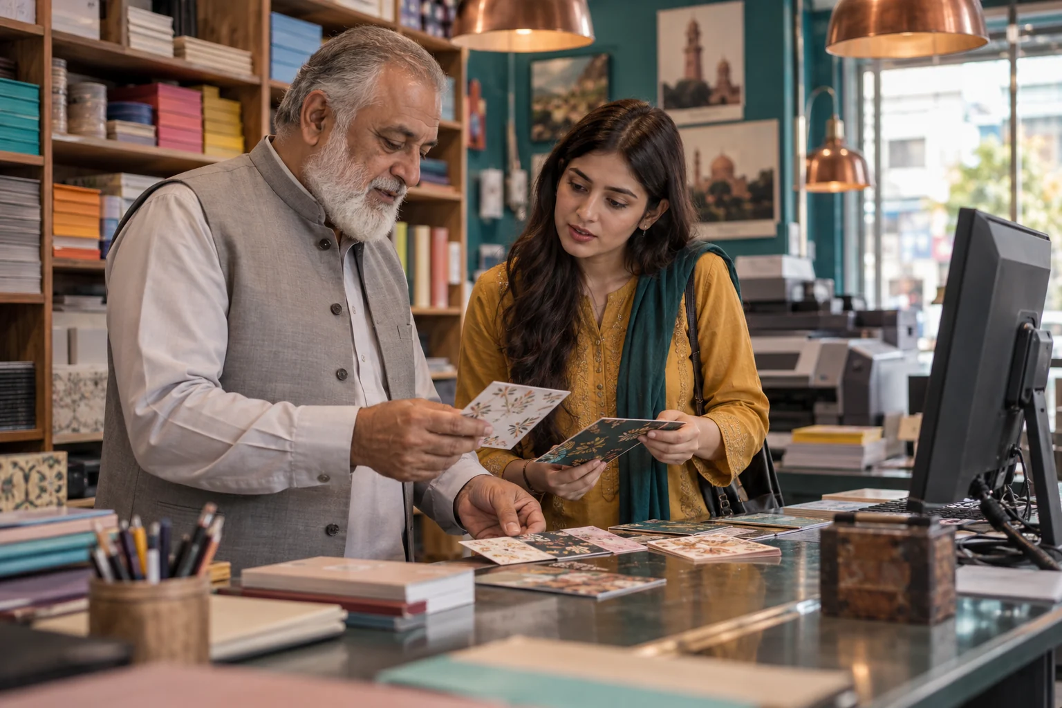 A print-shop owner and a woman compare product samples at a shop counter.