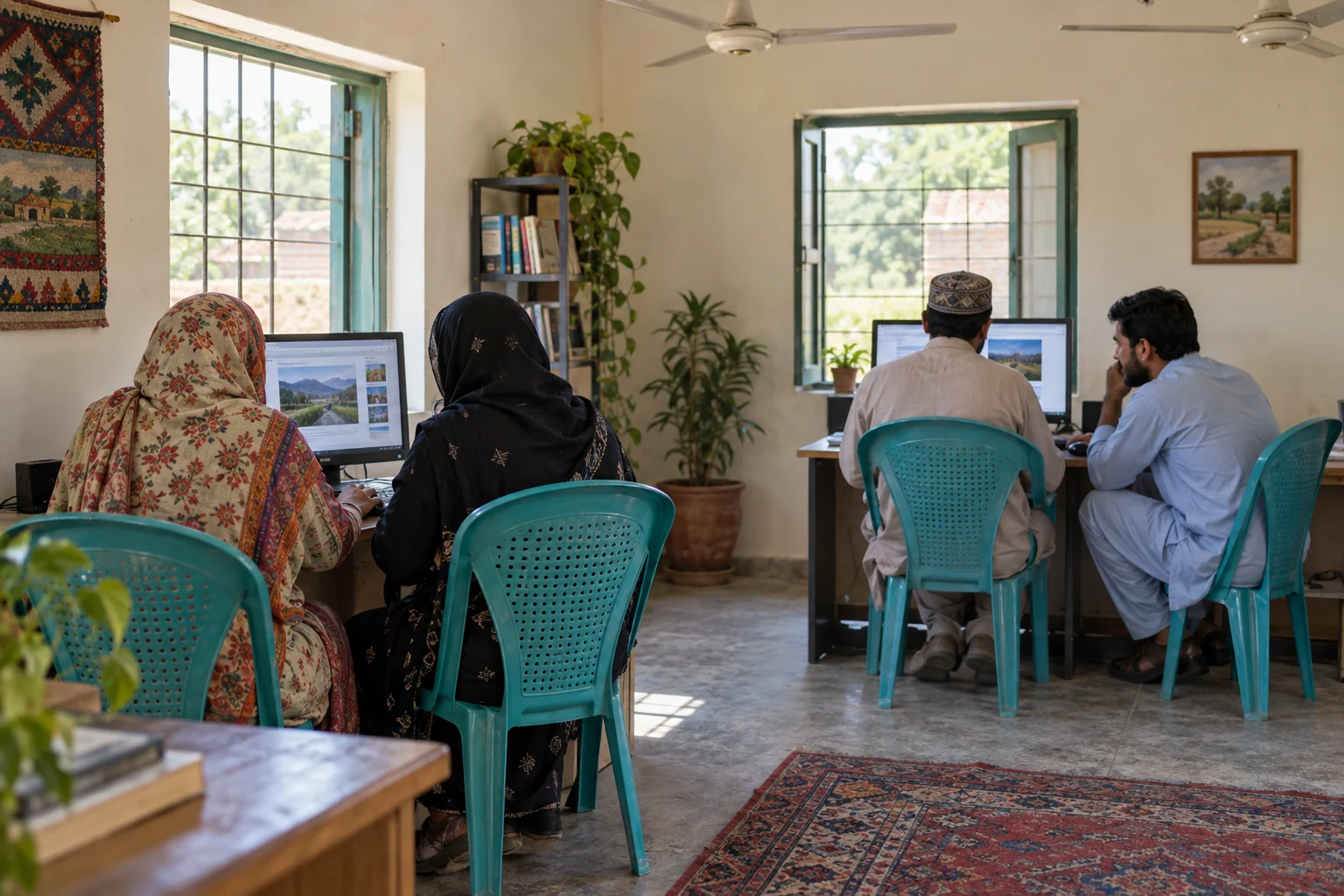 Adult learners work in pairs with a facilitator in a modest community computer room.