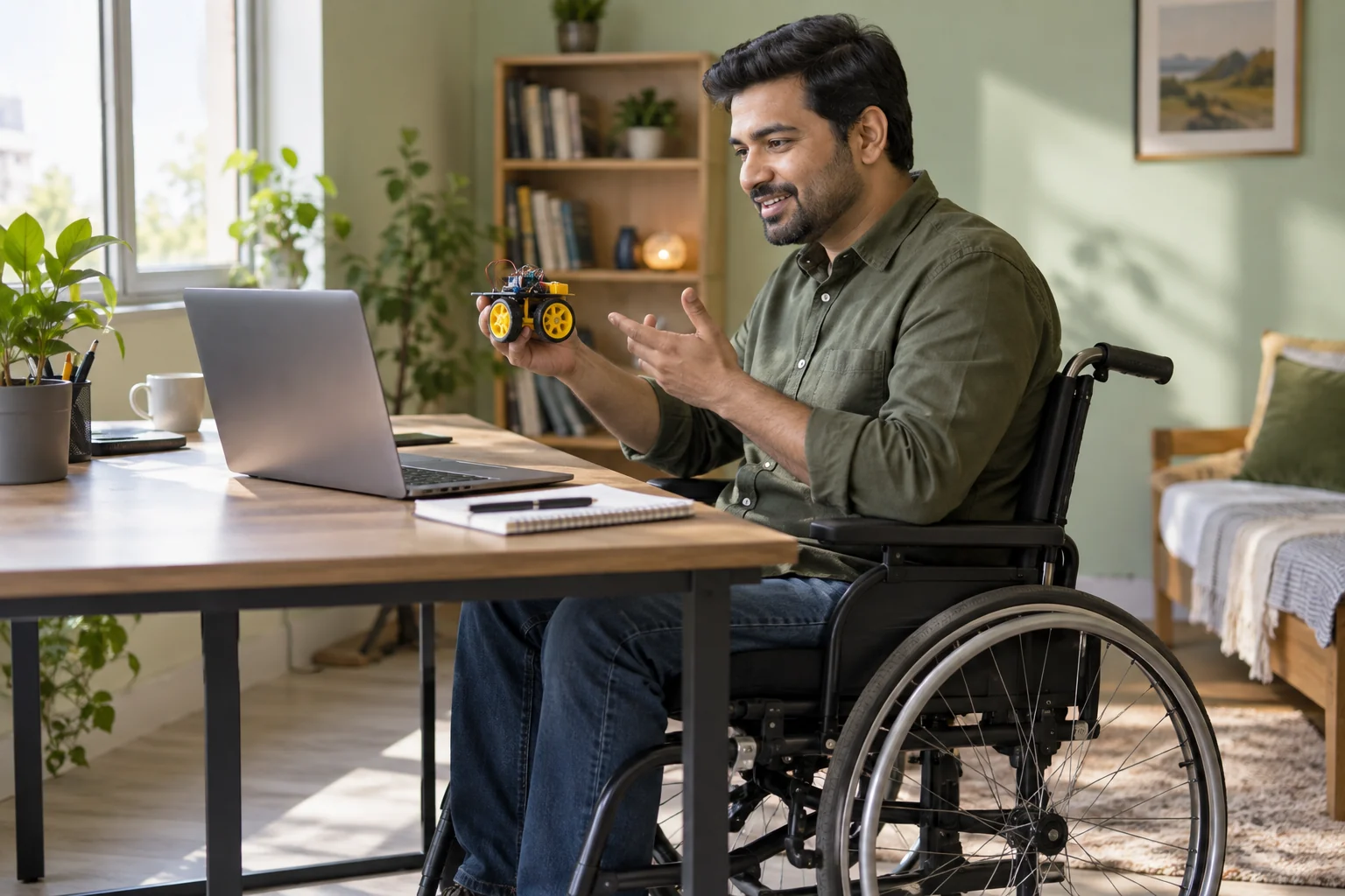 A man who uses a wheelchair independently uses a laptop at an accessible home desk.