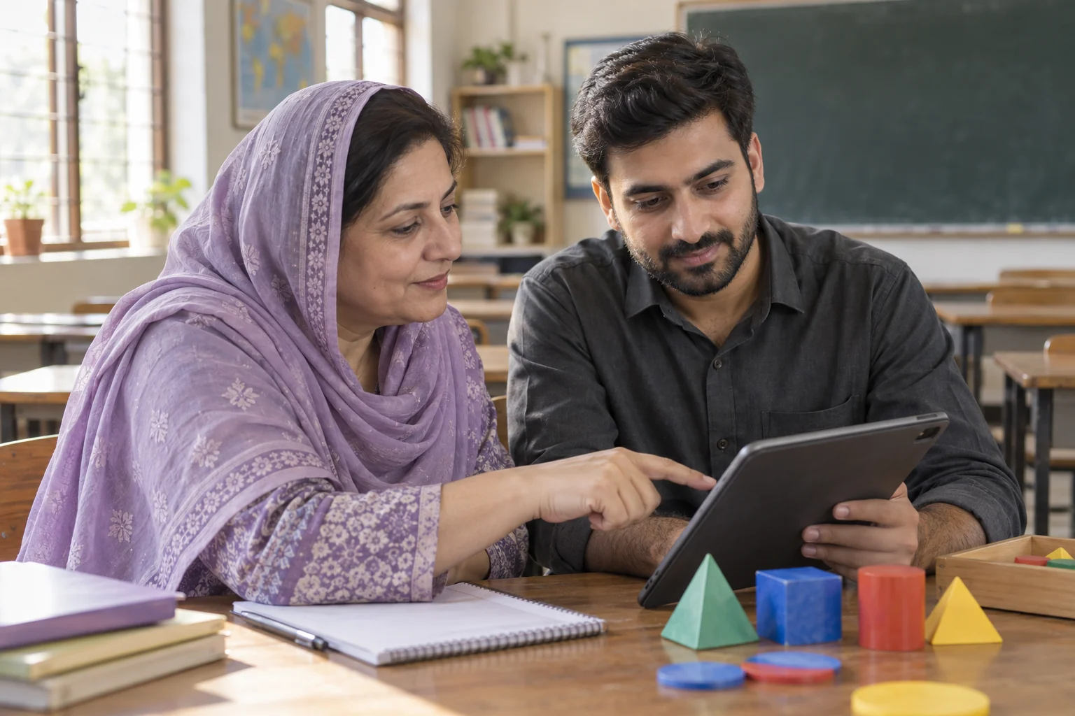 Two teachers review a learning activity together on a tablet in a classroom.