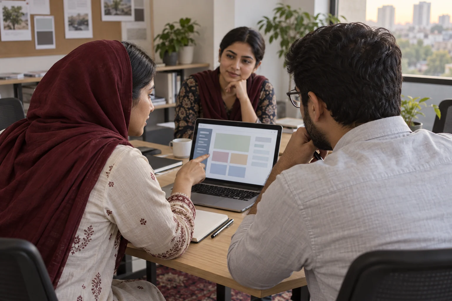 Colleagues review a simple process prototype together in a modest office.