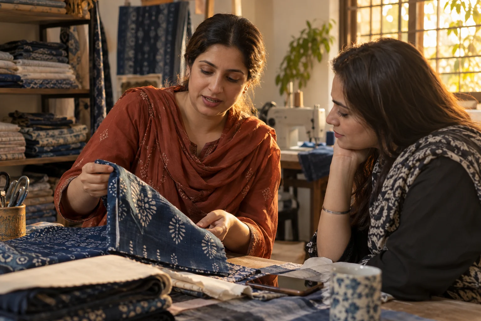 Two women discuss fabric samples and a customer order in a home workspace.