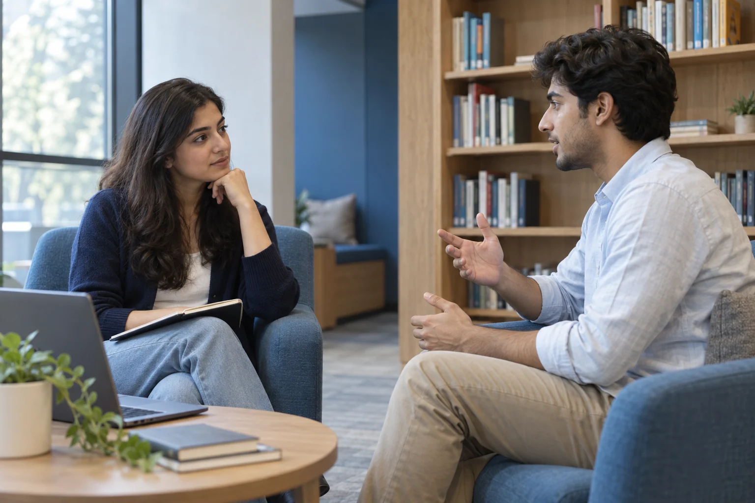 Two young adults rehearse an interview in a quiet library seating area.