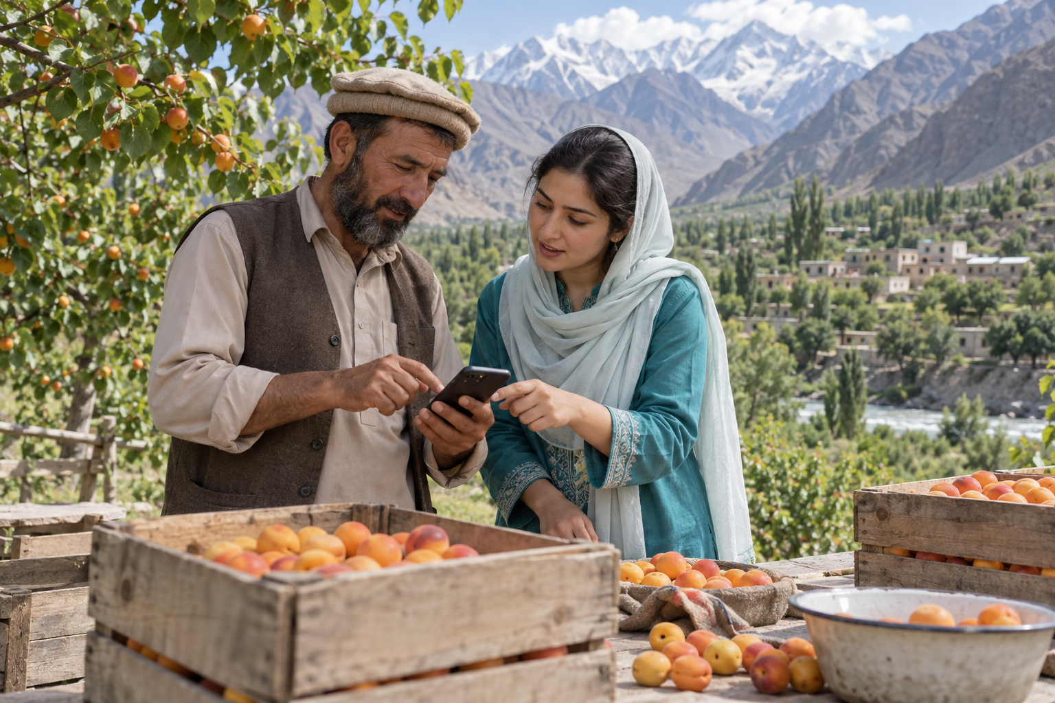 Illustrative farmer and trainer using a smartphone beside produce in northern Pakistan.