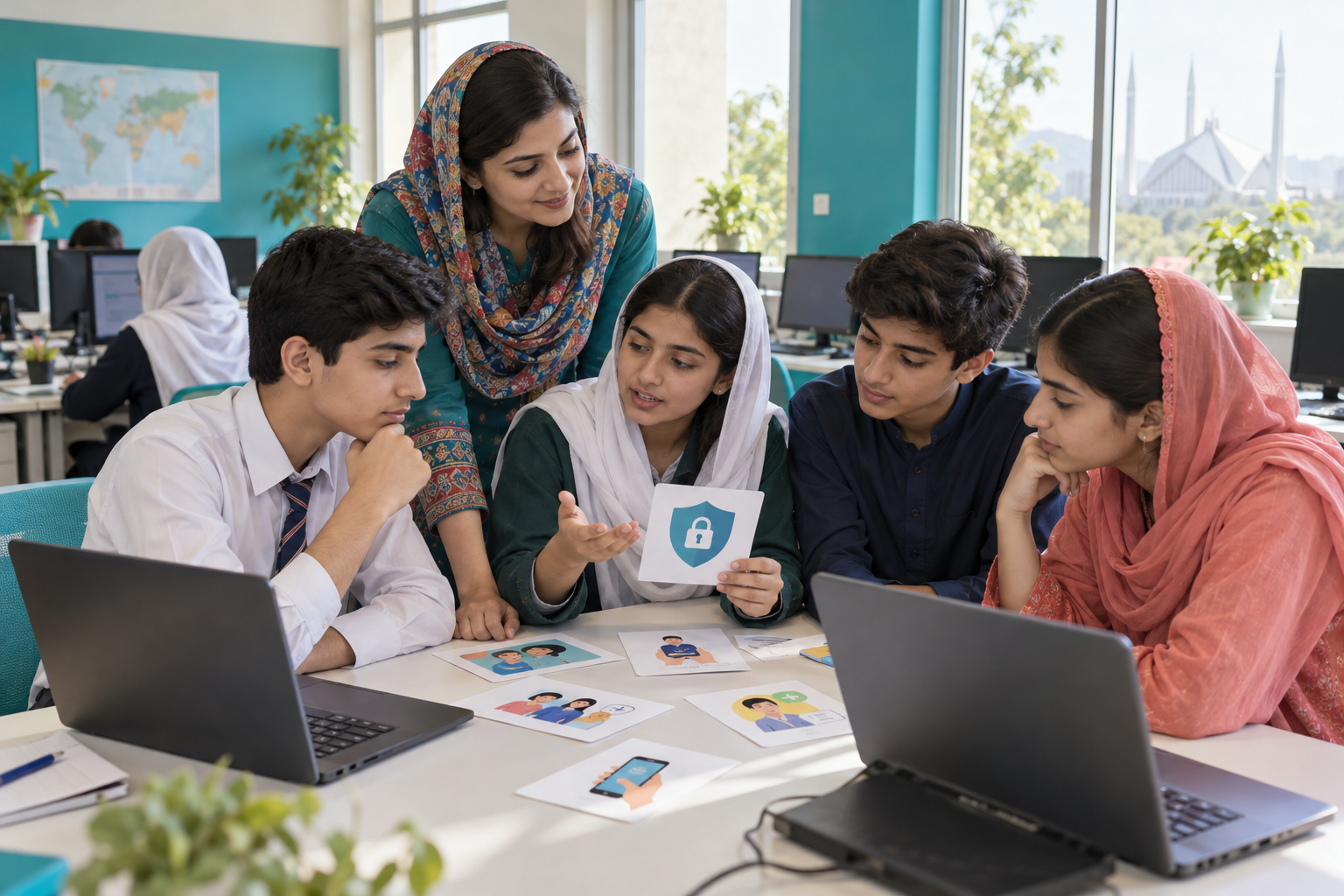 Illustrative Pakistani teacher and students discussing digital privacy in a school lab.