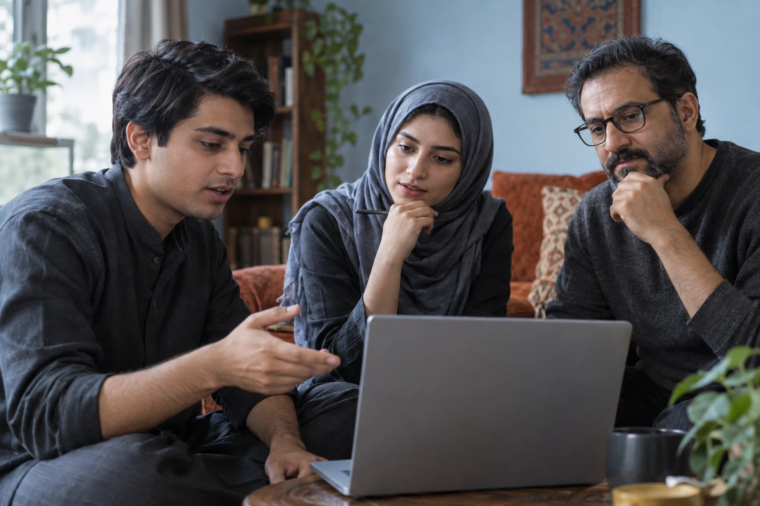 Illustrative scene: Three people reviewing and discussing learning material on a laptop.