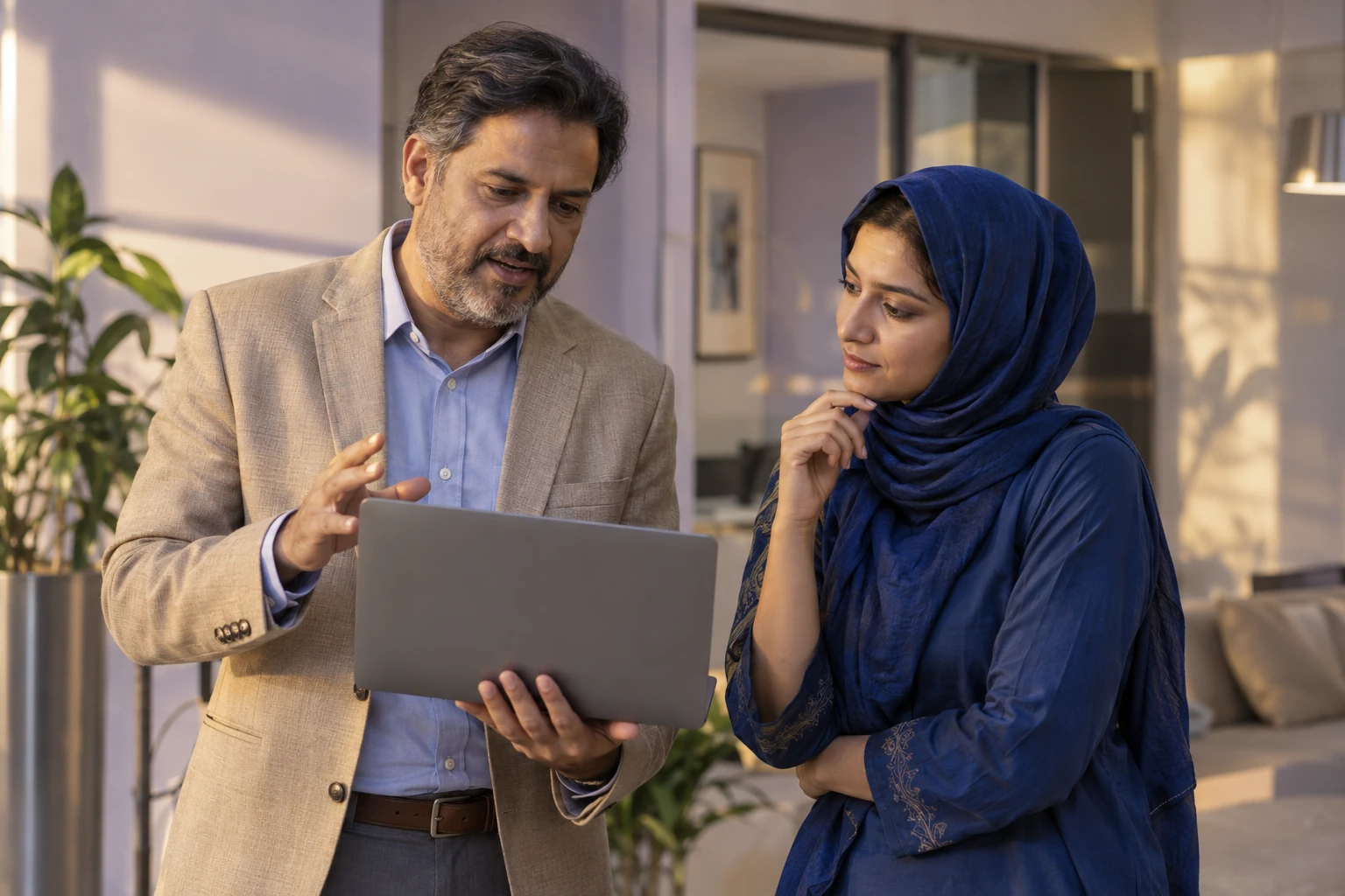 Illustrative scene: Two colleagues discussing feedback while reviewing a laptop.
