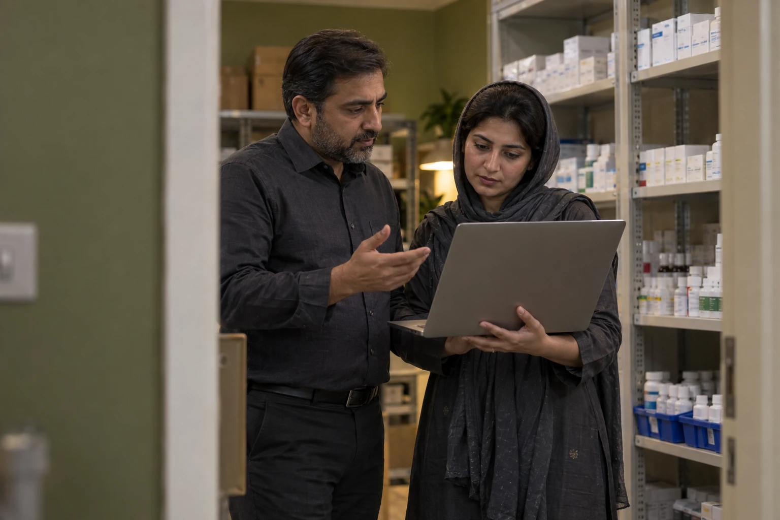Illustrative scene: Two staff members reviewing a laptop beside shelves of pharmaceutical products.