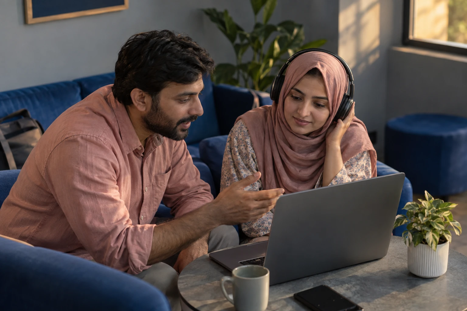 Illustrative scene: A learner wearing headphones and a partner reviewing a laptop together.