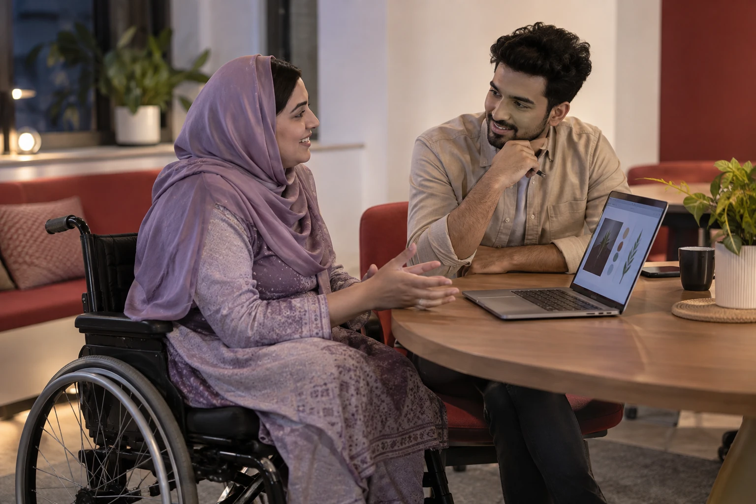 Illustrative scene: A wheelchair user discussing a digital project with a learning partner.