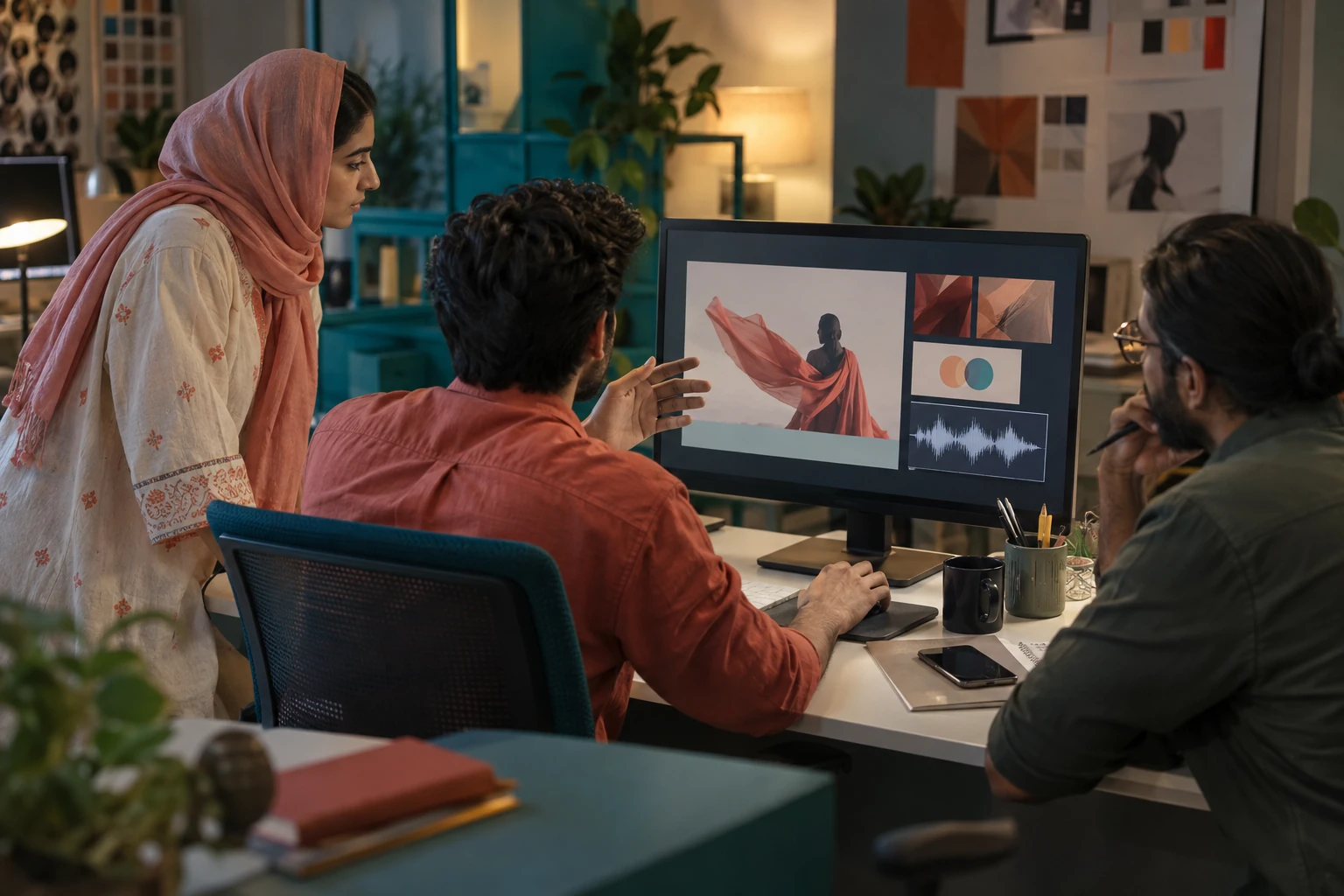 Illustrative scene: A creative team discussing imagery and audio on a studio monitor.
