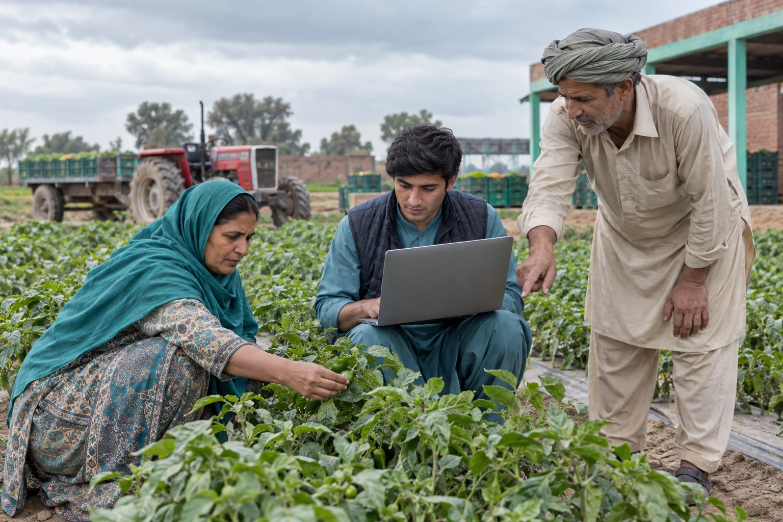 Illustrative scene: People examining crops and consulting a laptop together in a field.