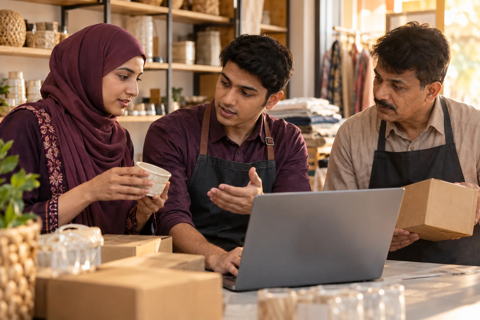 Illustrative scene: A shop team reviewing a physical product beside a laptop and packaging.