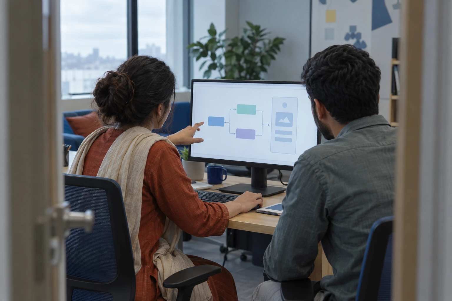 Illustrative scene: Two colleagues reviewing a digital workflow on a shared monitor.