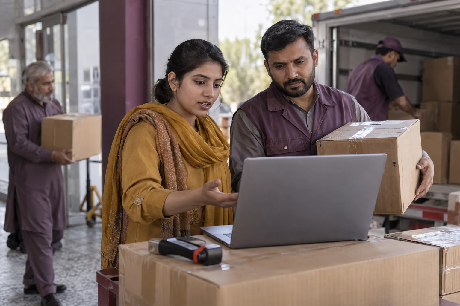 Illustrative scene: Distribution staff checking a laptop beside cartons and a delivery vehicle.