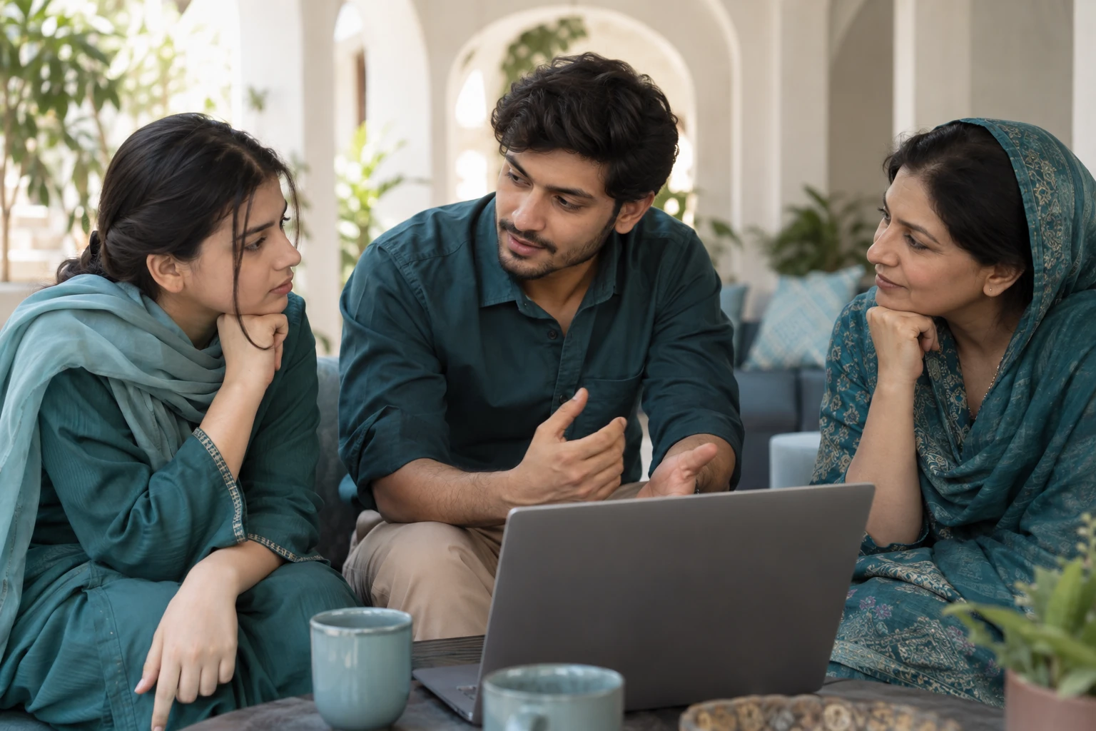 Illustrative scene: A young woman discussing a laptop activity with two trusted adults.