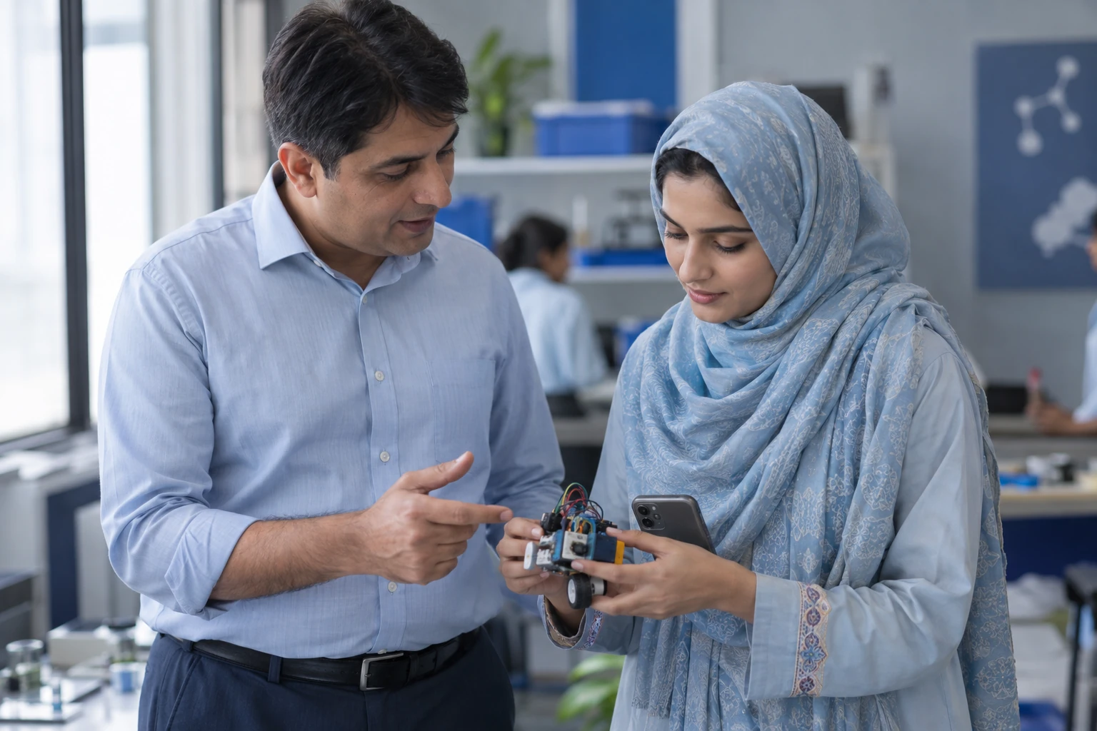 Illustrative scene: A learner and mentor exploring a small technology project in a shared learning lab.
