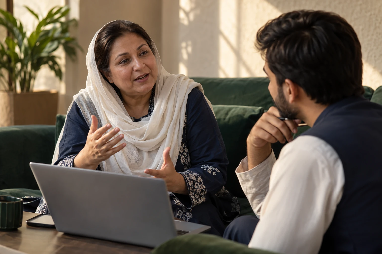 Illustrative scene: An adult learner practicing a conversation with a learning partner.