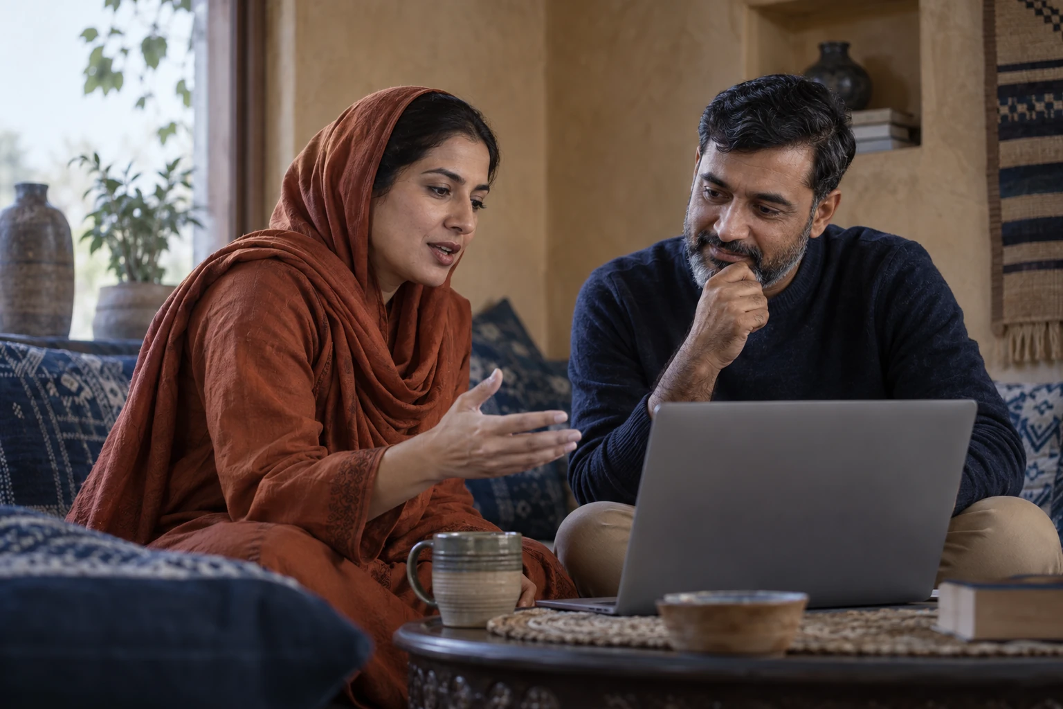 Illustrative scene: Two adults discussing a task together at a laptop at home.