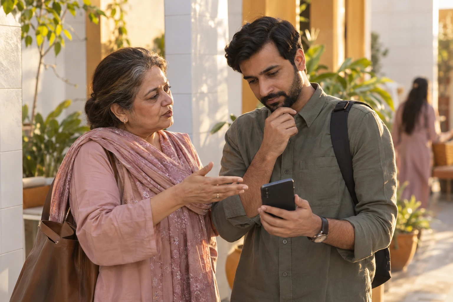 Illustrative scene: Two people clarifying a request with a phone at hand.