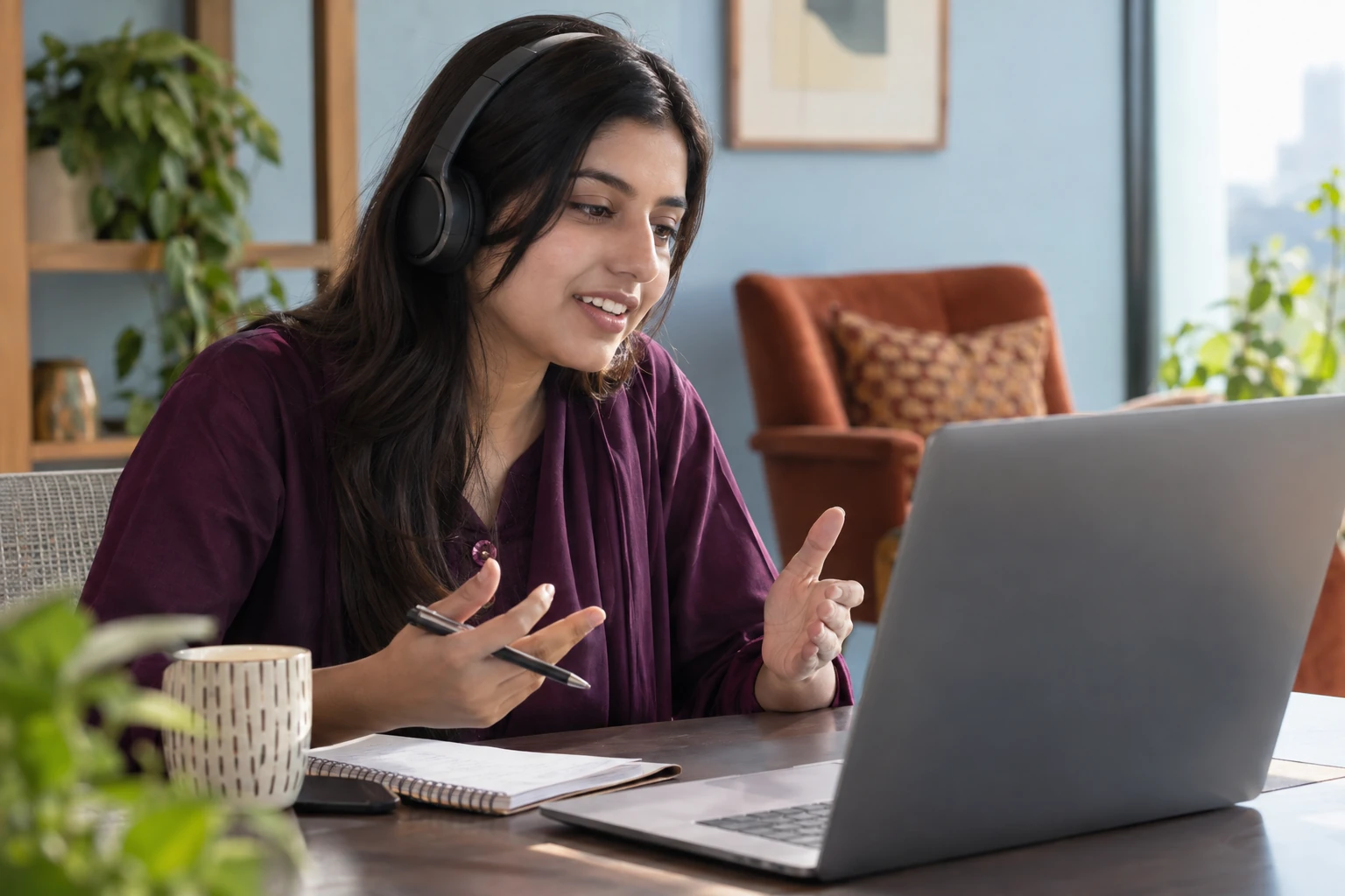 Illustrative scene: A woman explaining information during a headset conversation at her laptop.