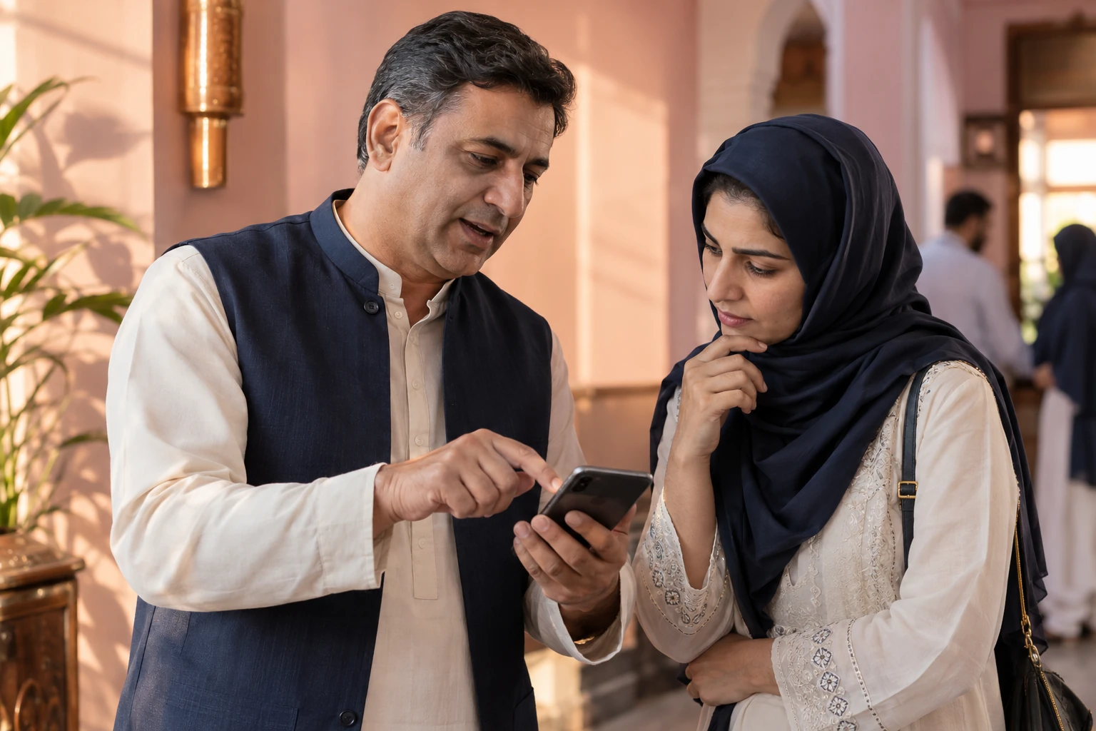 Illustrative scene: A staff member explaining information on a phone to a visitor.