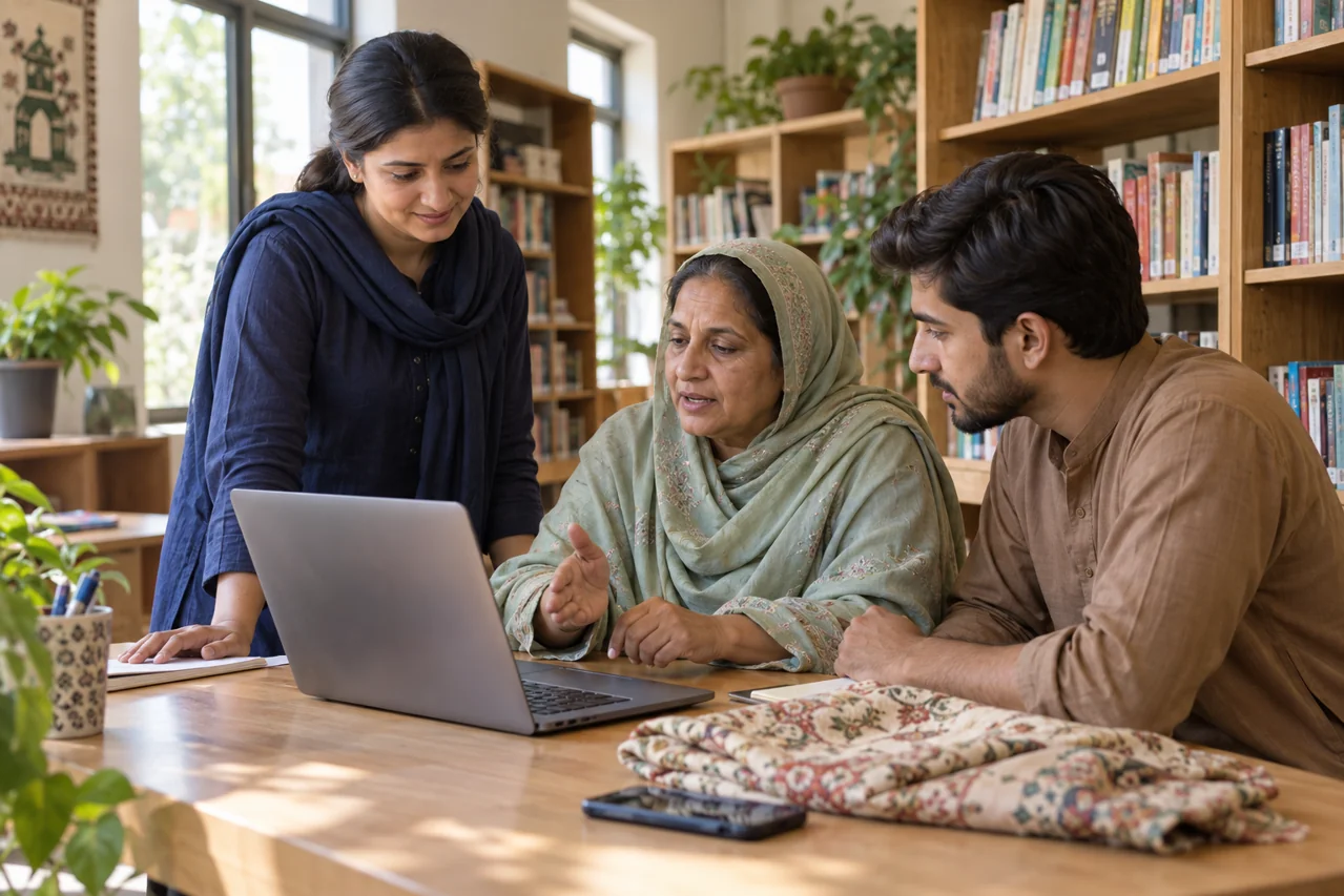 A Pakistani facilitator supports an older woman and a young man discussing a project at a laptop.