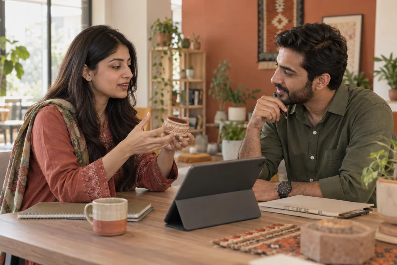 A Pakistani woman explains a handmade product while a man listens during a practice conversation; a tablet faces them.