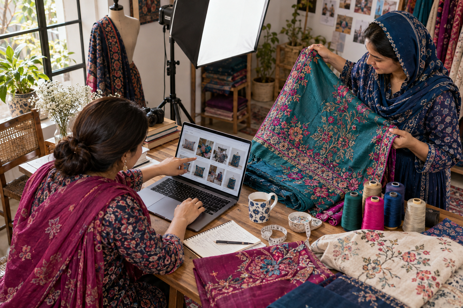 Illustrative Pakistani women preparing a textile product catalogue together.
